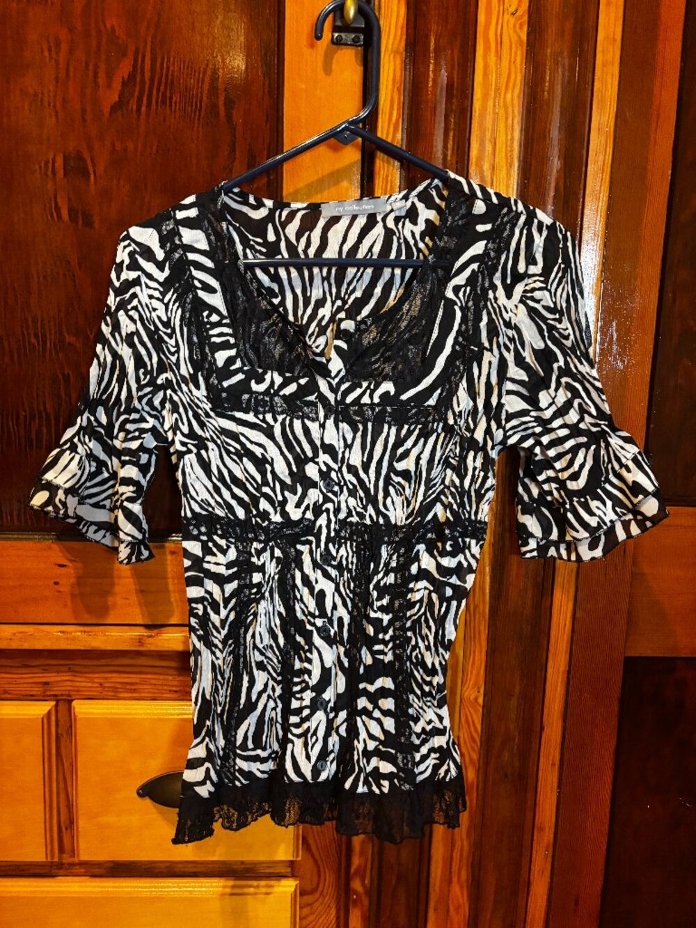 NY Collection Vintage 90s Y2K Zebra Print Black Lace Button Front Blouse MEDIUM